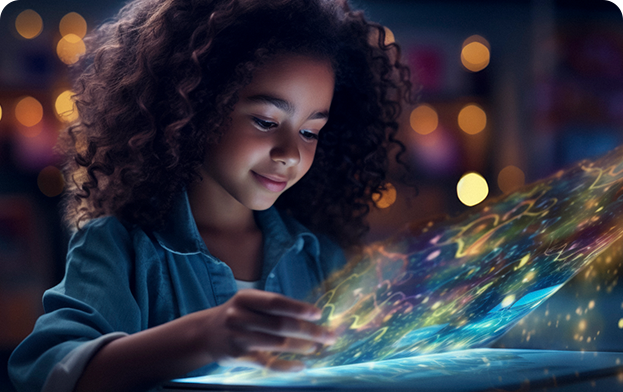 Child looking at a glowing, interactive book
