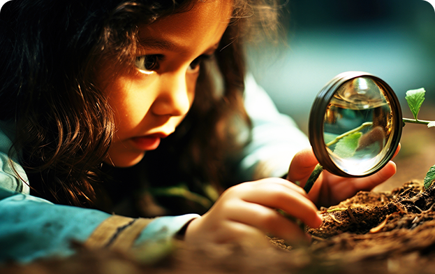 Child looking at a glowing, interactive book