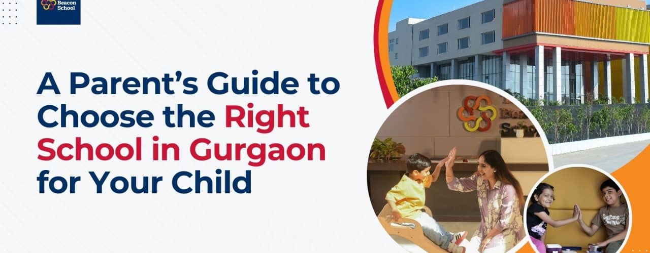 Modern school building in Gurgaon with students engaging in activities.