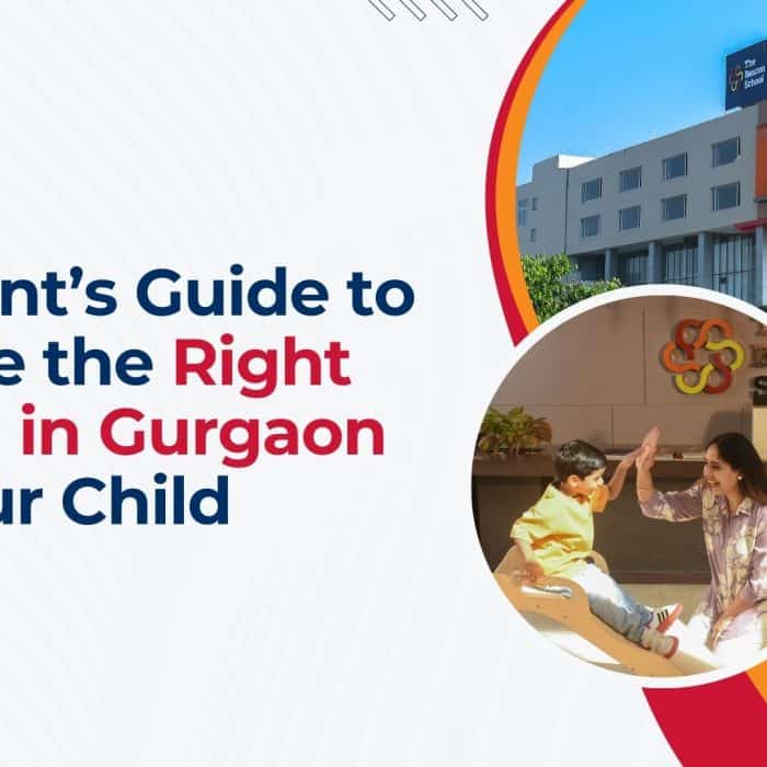 Modern school building in Gurgaon with students engaging in activities.