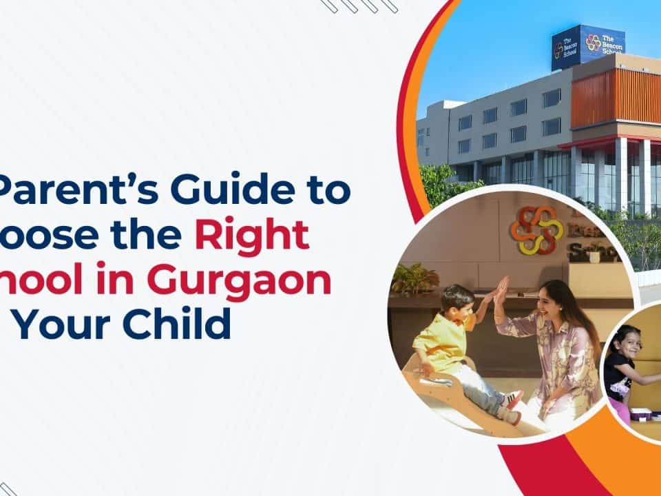 Modern school building in Gurgaon with students engaging in activities.