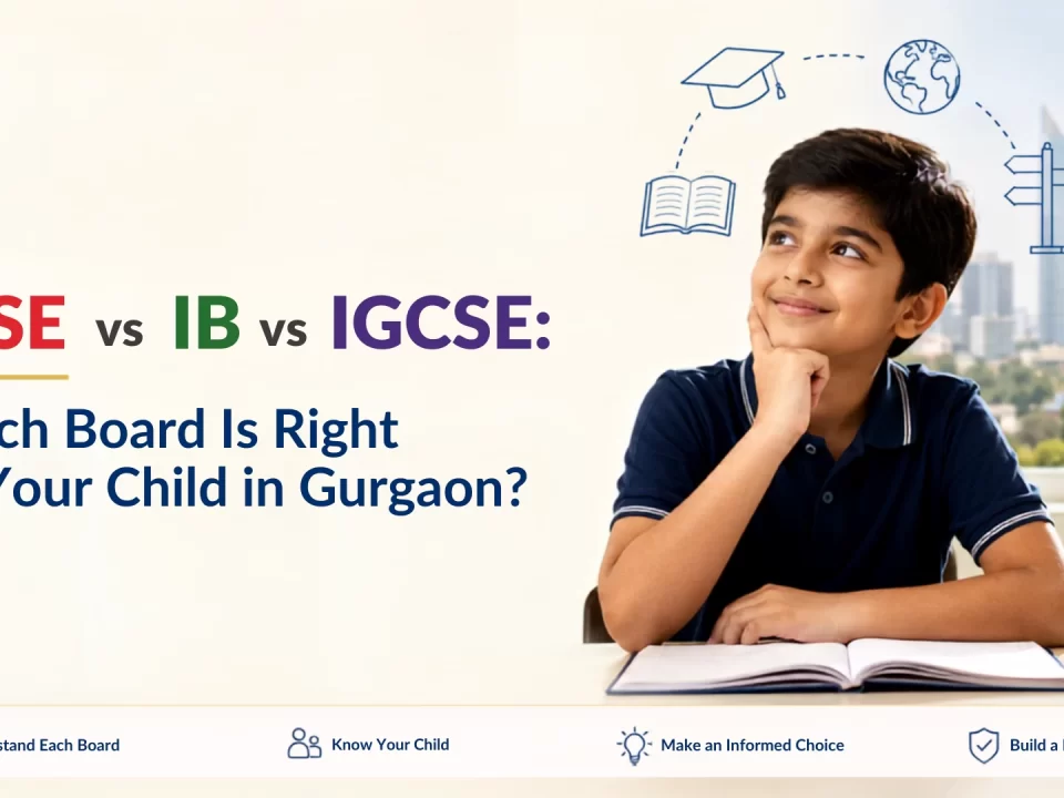 CBSE vs IB vs IGCSE comparison guide for parents in Gurgaon featuring a student and The Beacon School, helping families choose the right educational board for their child.
